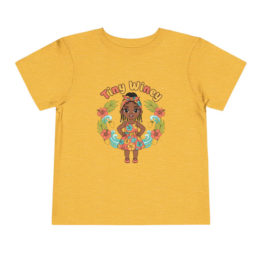 Red t-shirt with a colorful graphic of a girl and 'Tiny Winey' text on a white background