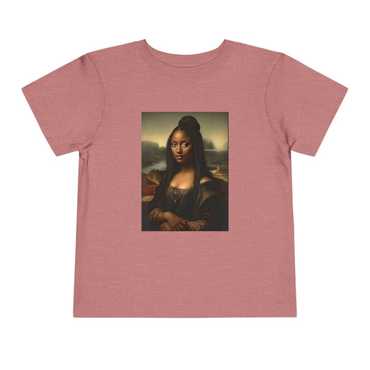 Child wearing a pink t-shirt with a Mona Lisa graphic on a white background