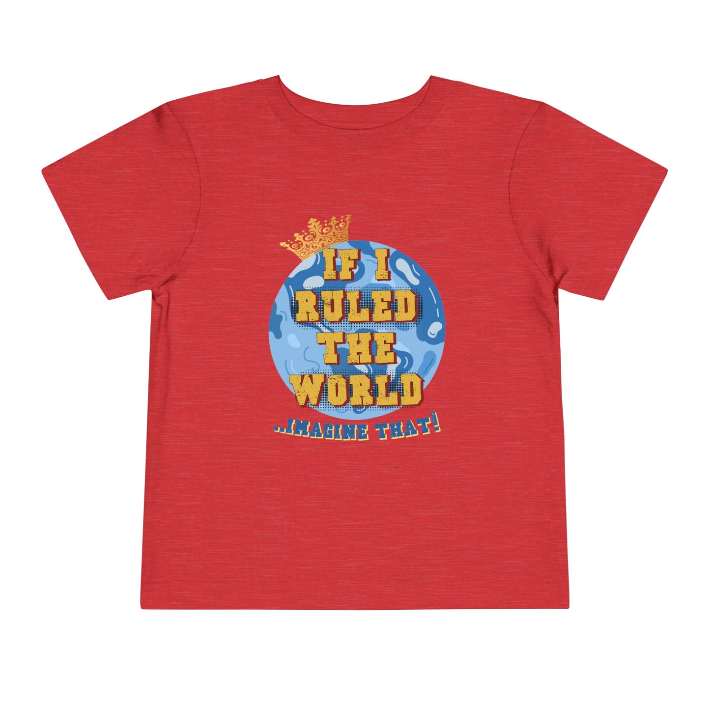 Red t-shirt with a colorful graphic and text on a white background
