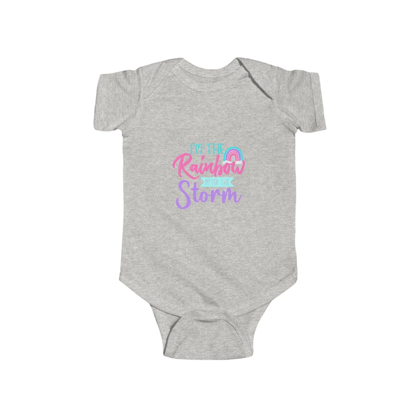 Gray baby onesie with colorful text design on a white background