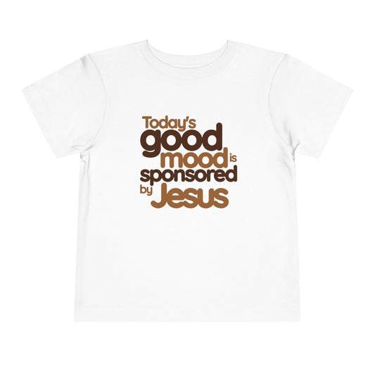 Beige t-shirt with 'Today's good mood is sponsored by Jesus' text on a white background