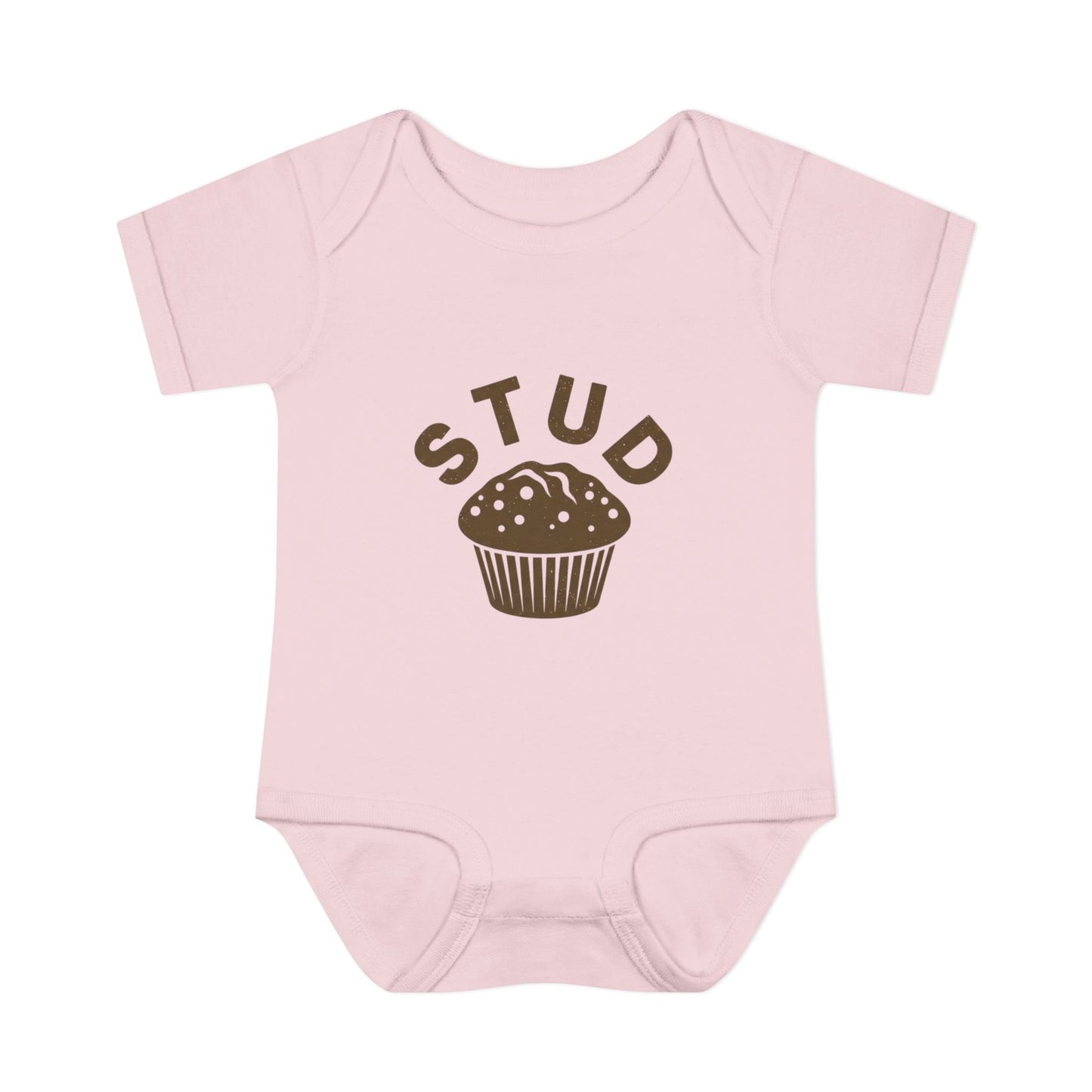 Pink baby onesie with 'STUD' and a muffin graphic on a white background