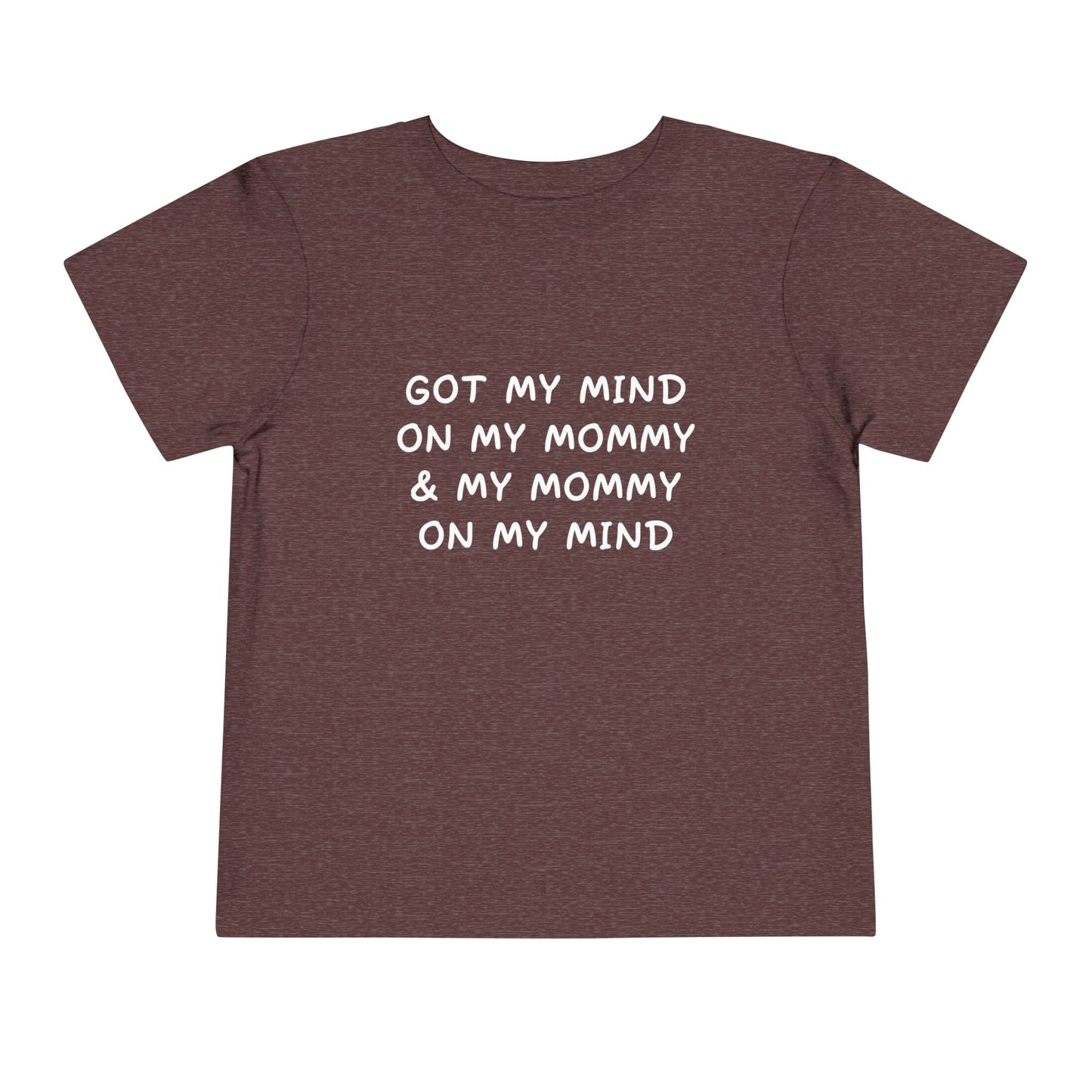 Brown t-shirt with white text on a white background