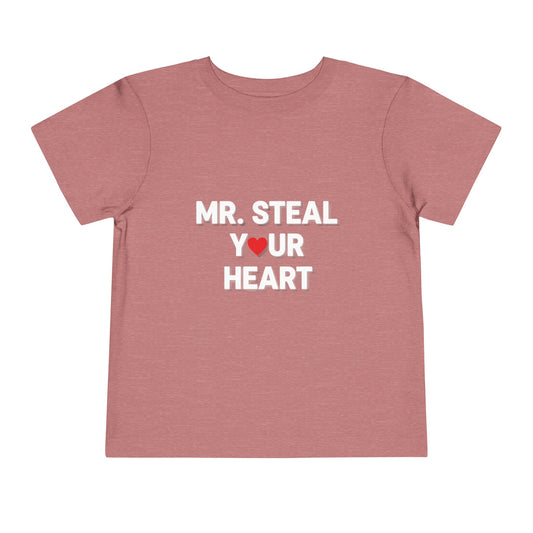 Gray t-shirt with 'MR. STEAL YOUR HEART' text on a white background