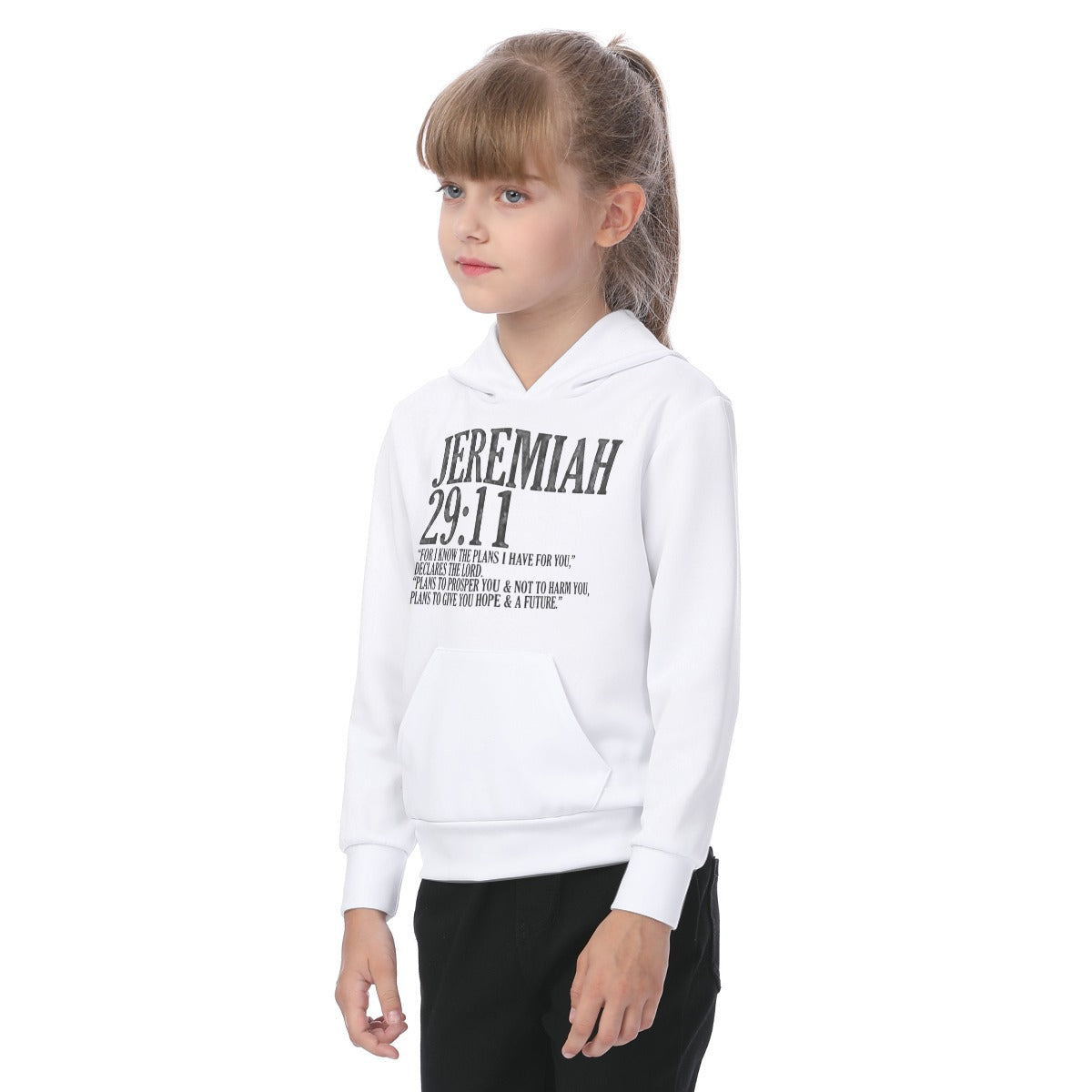Child wearing a white hoodie with 'Jeremiah 29:11' text on a white background