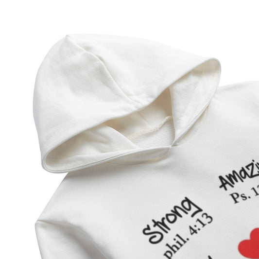 White hoodie with motivational Christian text and symbols on a white background