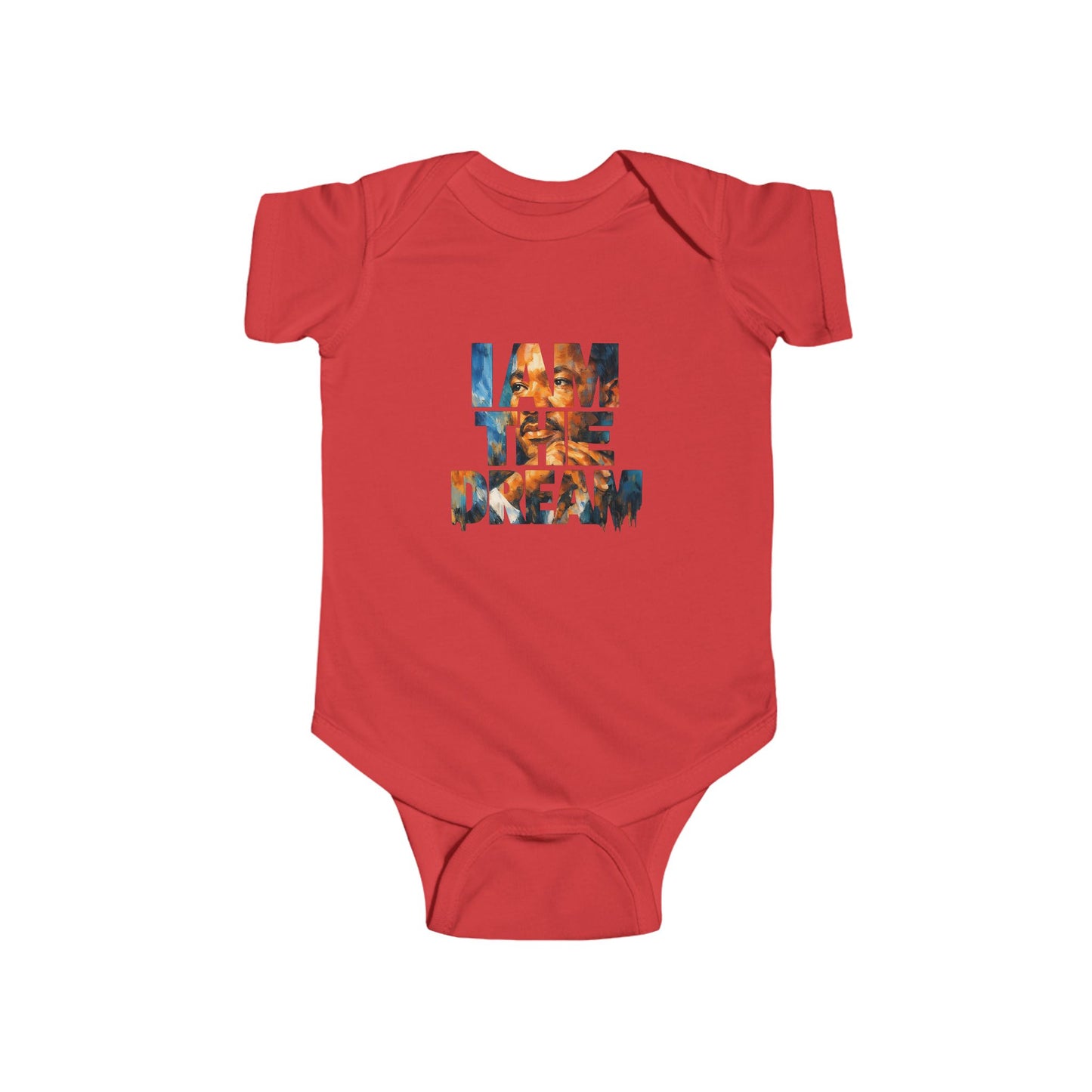 Red baby onesie with colorful graphic design on a white background