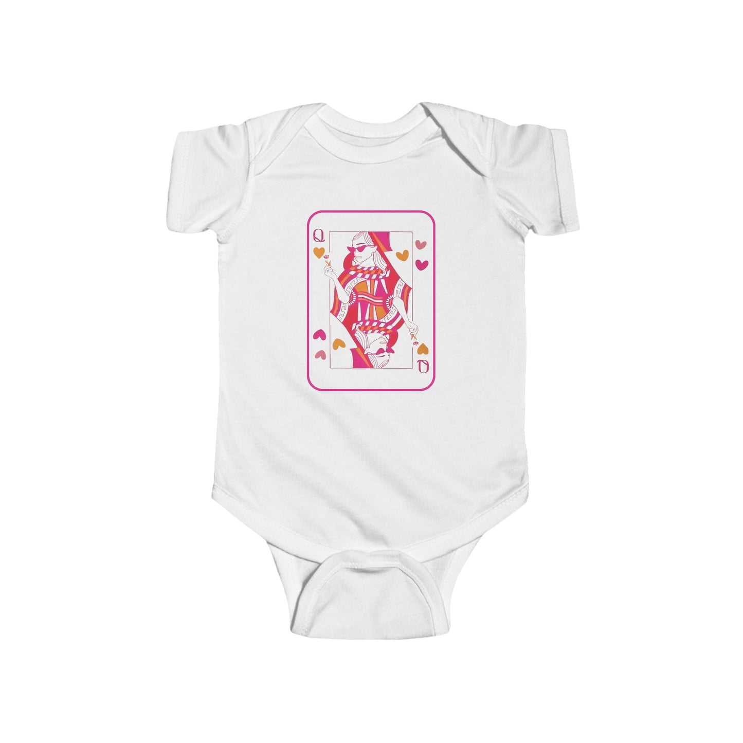 White baby onesie with a graphic design on a white background
