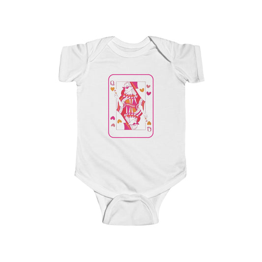White baby onesie with a graphic of a queen of hearts card design on a white background