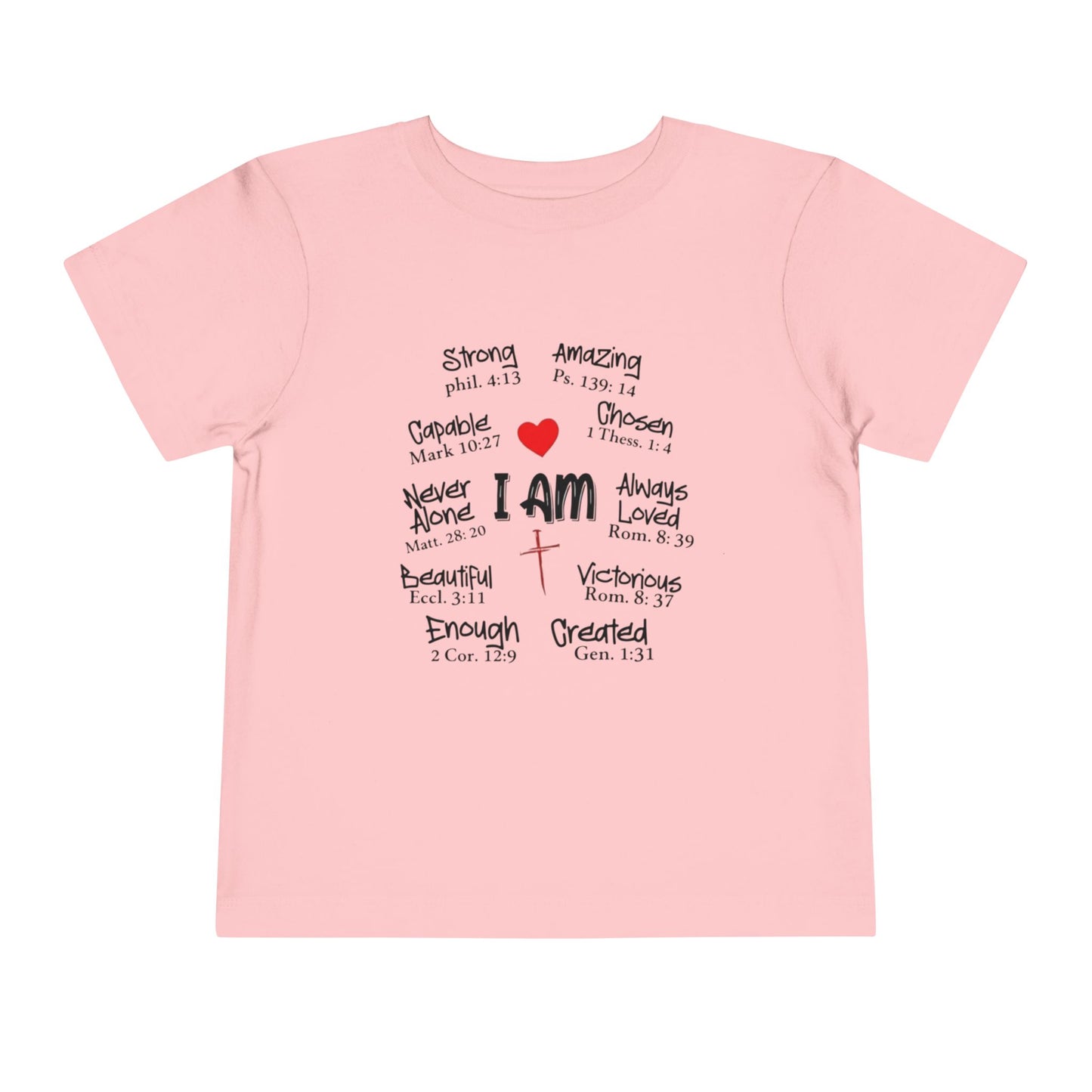 Pink t-shirt with motivational text and a red heart on a white background