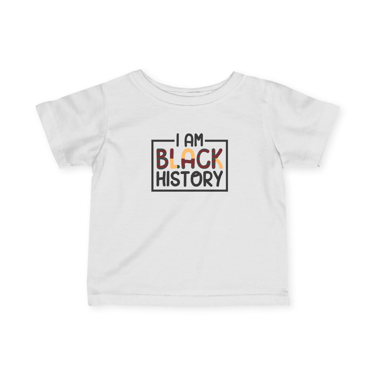 White t-shirt with 'I AM BLACK HISTORY' text on a white background