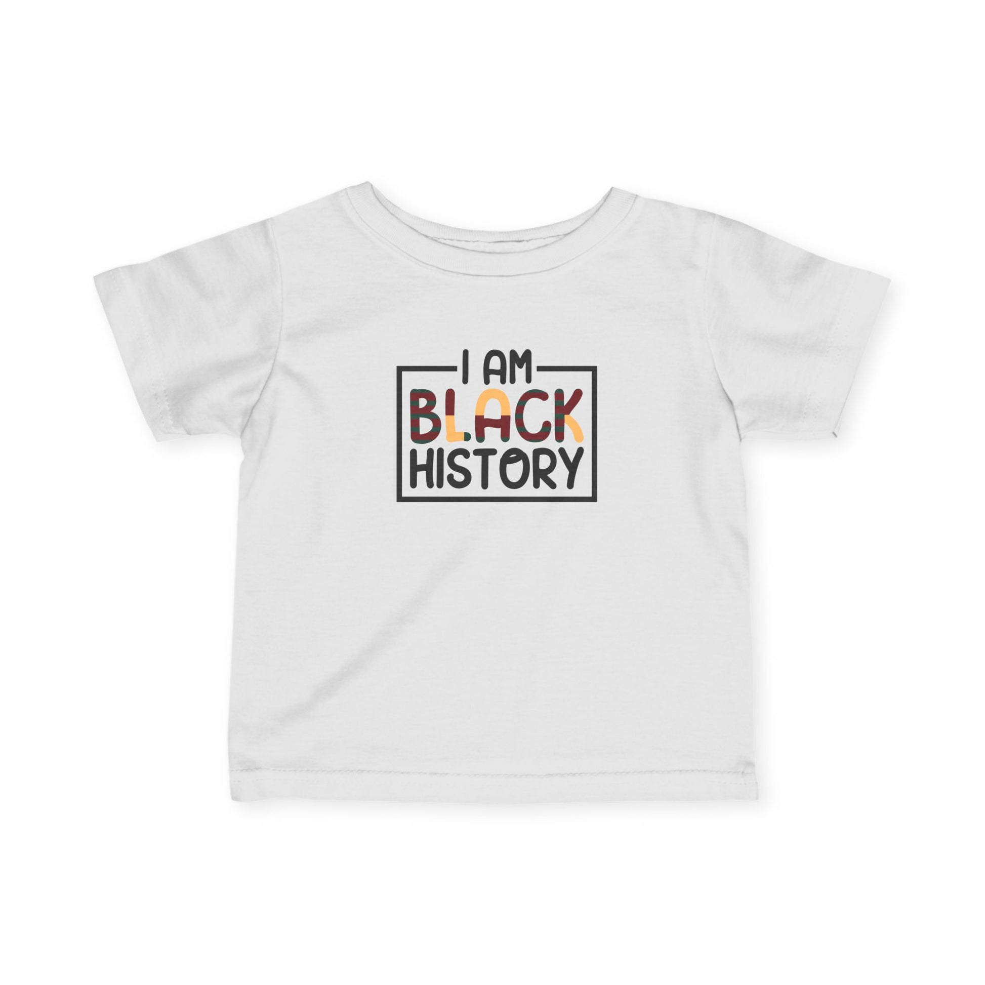 White t-shirt with 'I AM BLACK HISTORY' text on a white background