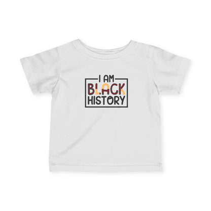 White t-shirt with 'I AM BLACK HISTORY' text on a white background
