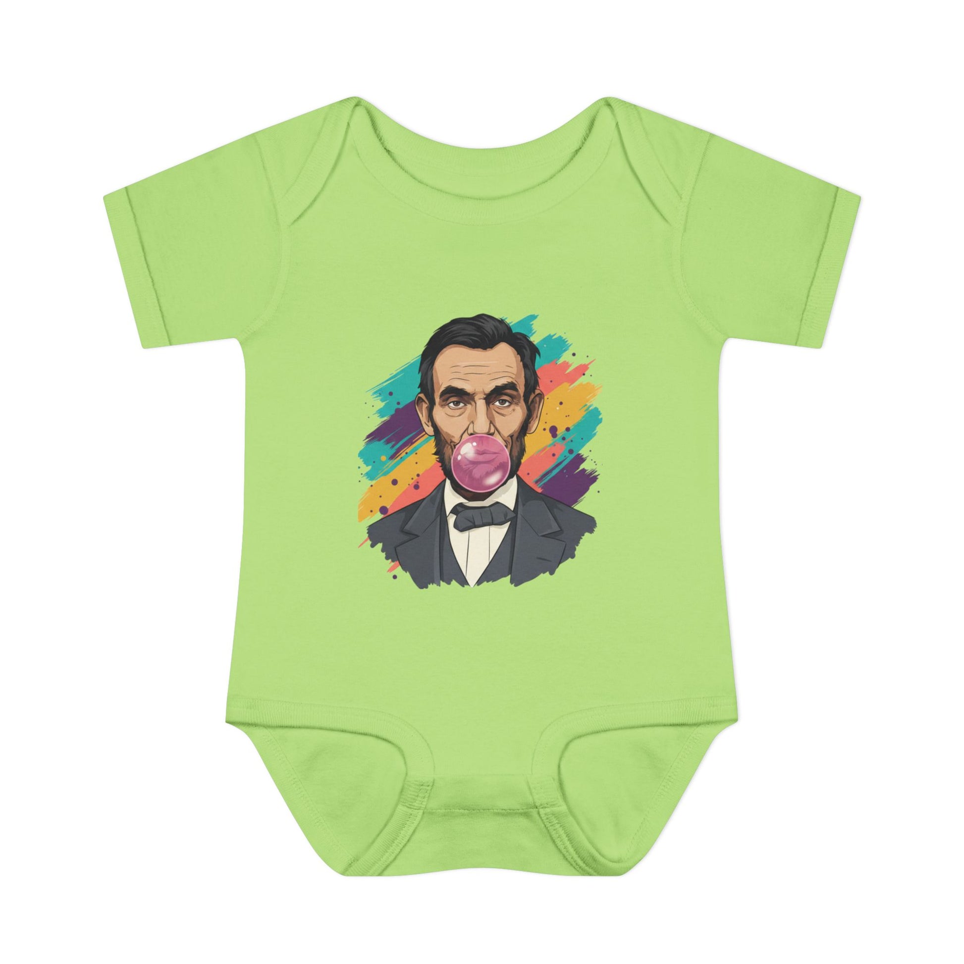 Green baby onesie with a colorful graphic of a historical figure on a white background
