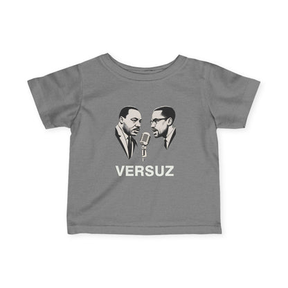 Gray t-shirt with graphic of Martin Luther King  Jr. and Malcolm X facing each other with a microphone and 'VERSUZ' text on a white background