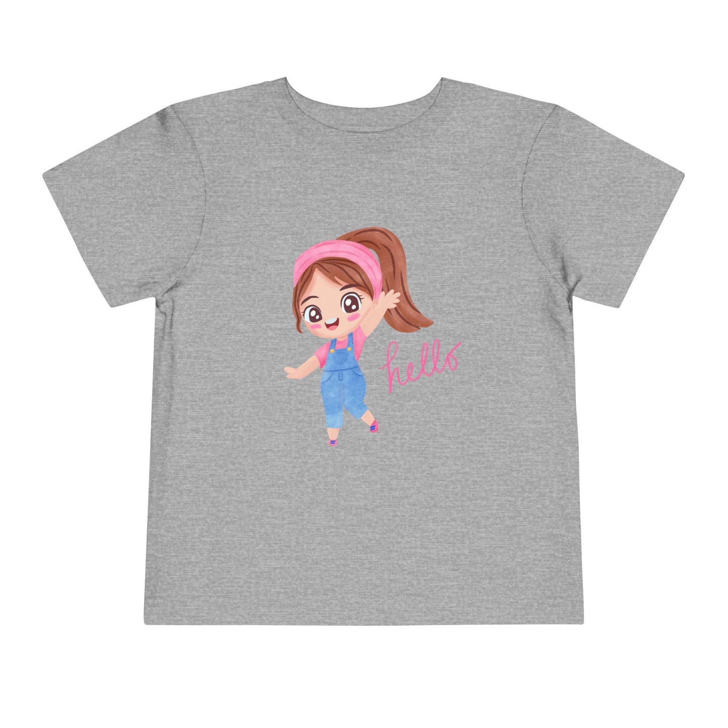 Gray t-shirt with a cartoon girl and 'hello' text on a white background