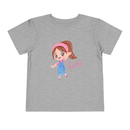 Gray t-shirt with a cartoon girl and 'hello' text on a white background