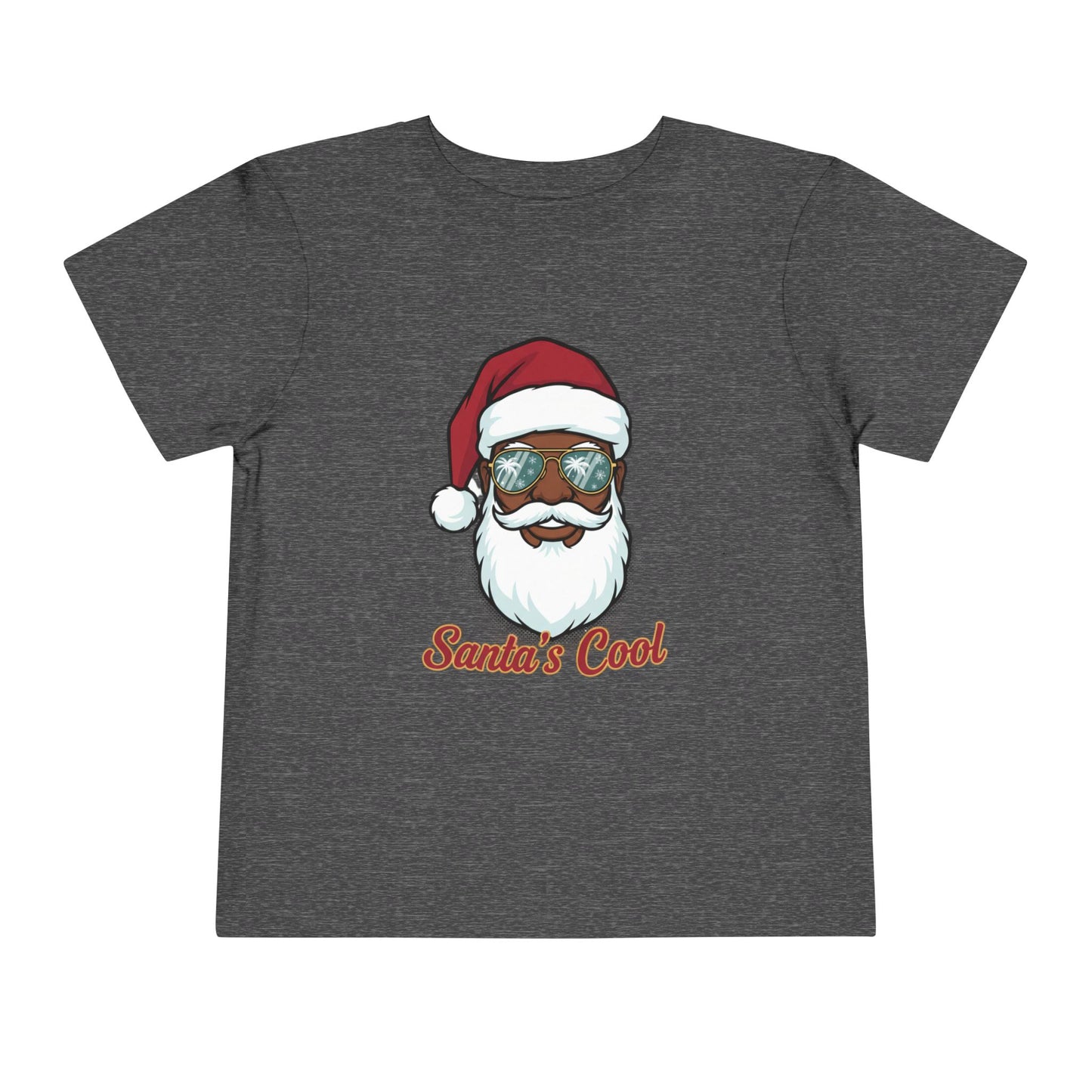 Gray t-shirt with a graphic of a Santa Claus face wearing sunglasses and 'Santa's Cool' text on a white background.