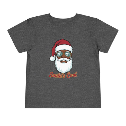 Gray t-shirt with a graphic of a Santa Claus face wearing sunglasses and 'Santa's Cool' text on a white background.