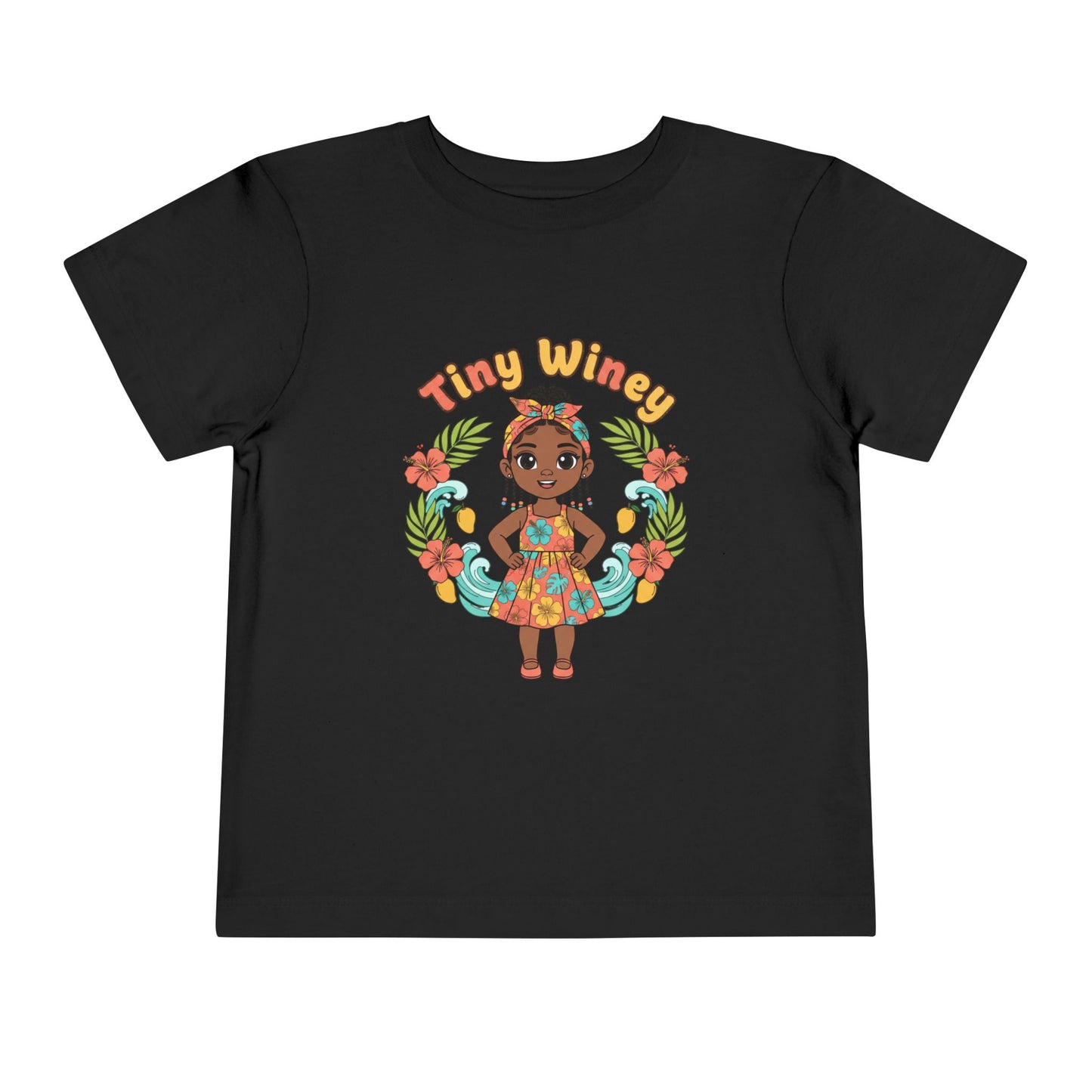 Black t-shirt with a colorful graphic of a girl and 'Tiny Winey' text on a white background