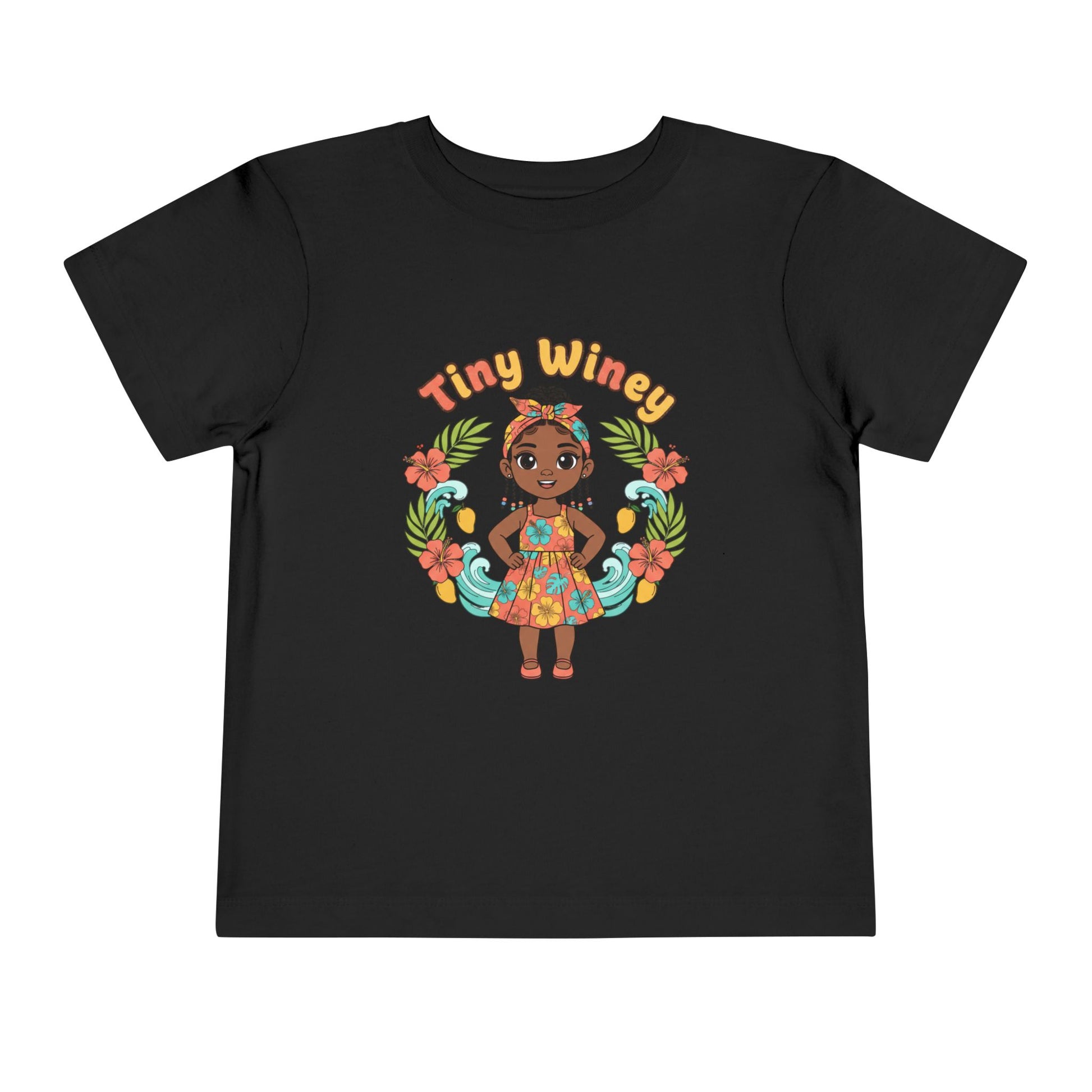 Black t-shirt with a colorful graphic of a girl and 'Tiny Winey' text on a white background
