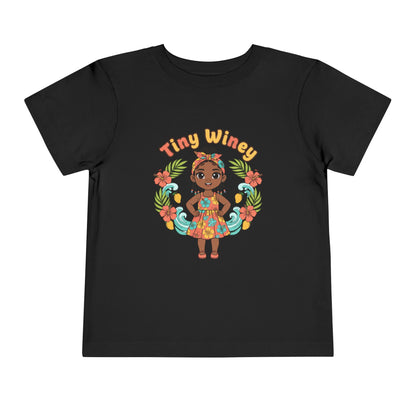 Black t-shirt with a colorful graphic of a girl and 'Tiny Winey' text on a white background