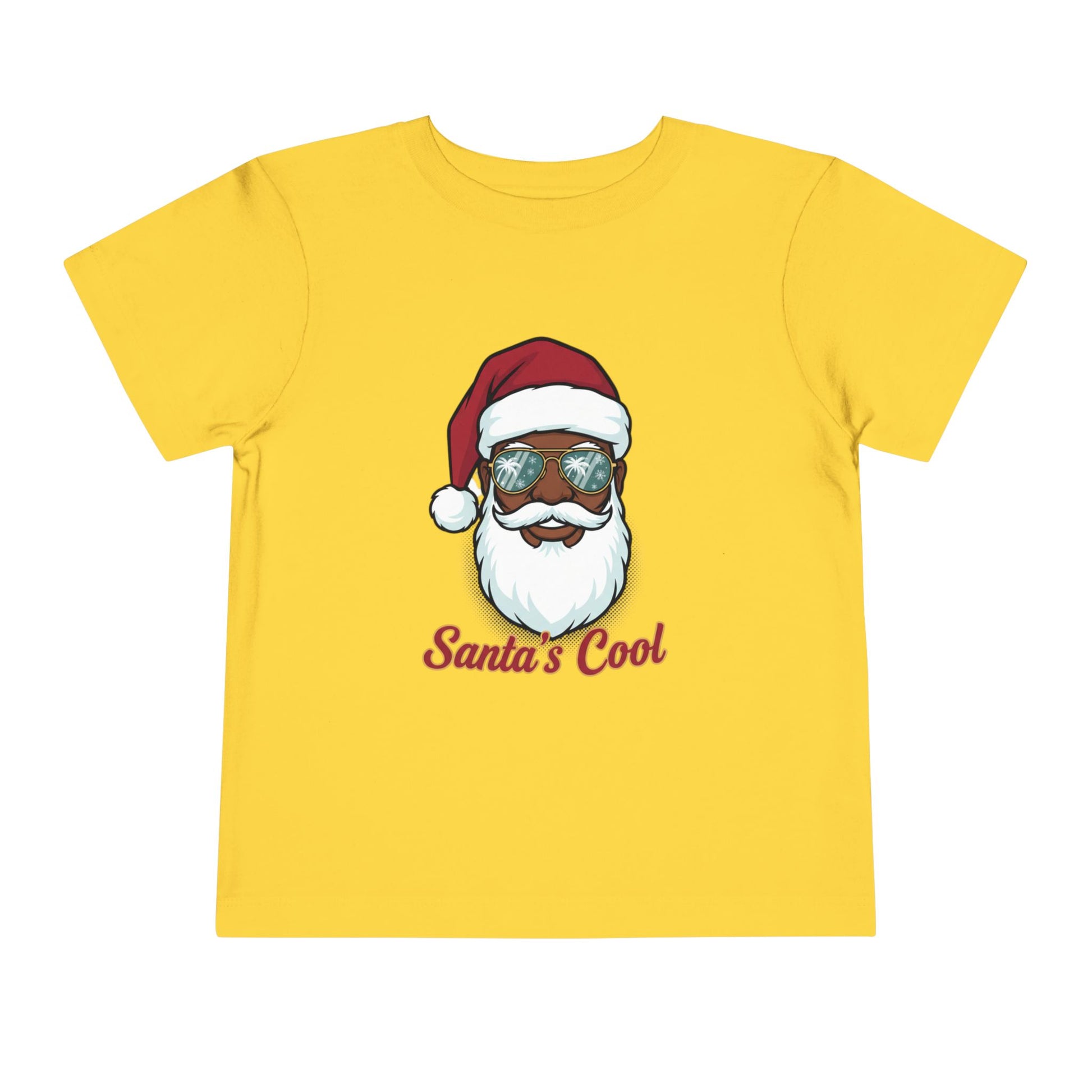 Yellow t-shirt with a graphic of a cool Santa Claus wearing sunglasses and the text 'Santa's Cool' on a white background.