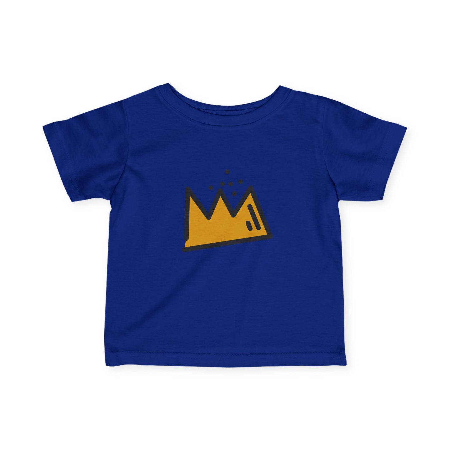 Blue t-shirt with a yellow Basquiat crown design on a white background