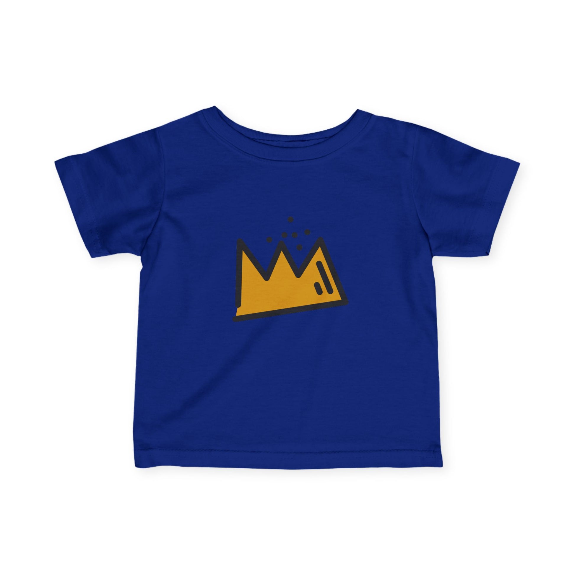 Blue t-shirt with a yellow Basquiat crown design on a white background