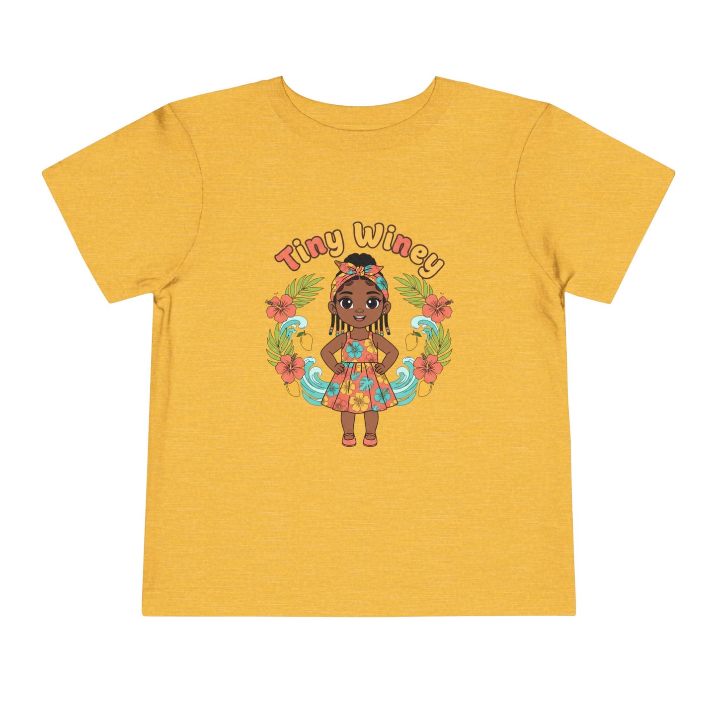Yellow t-shirt with a colorful graphic of a girl and 'Tiny Winery' text on a white background