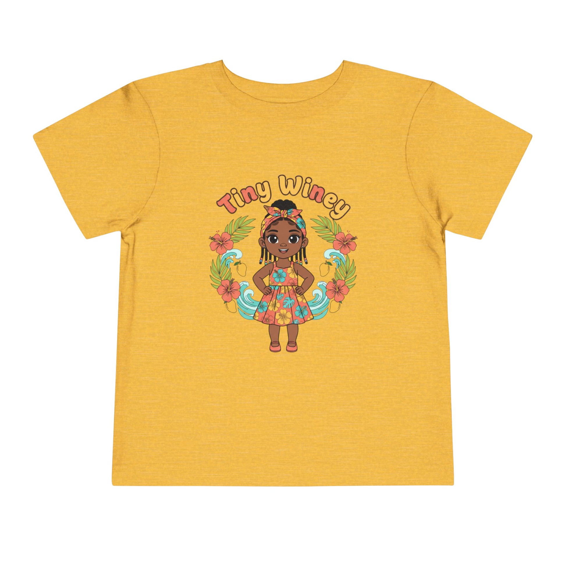 Yellow t-shirt with a colorful graphic of a girl and 'Tiny Winery' text on a white background