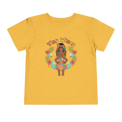Yellow t-shirt with a colorful graphic of a girl and 'Tiny Winery' text on a white background