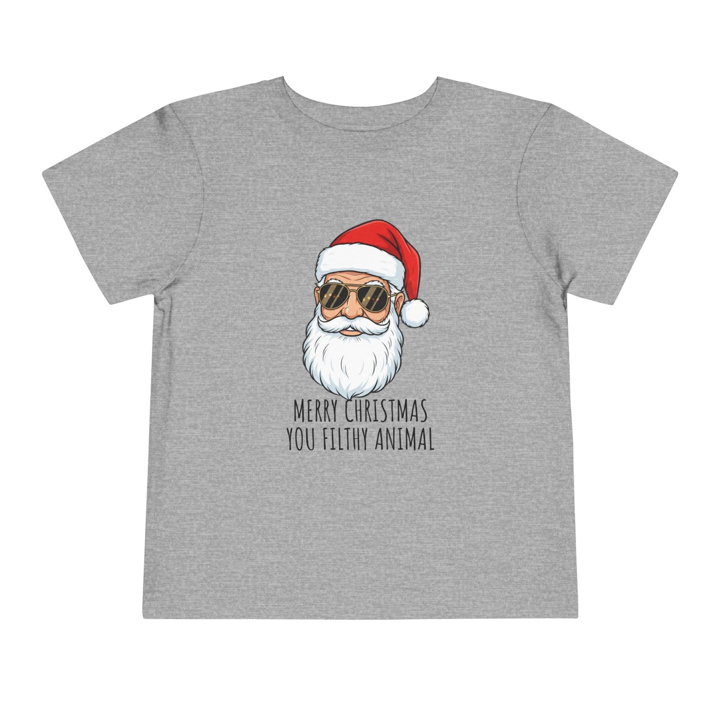 Gray t-shirt with a graphic of Santa Claus wearing sunglasses and a text 'Merry Christmas, you filthy animal' on a white background.