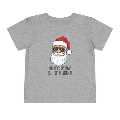 Gray t-shirt with a graphic of Santa Claus wearing sunglasses and a text 'Merry Christmas, you filthy animal' on a white background.