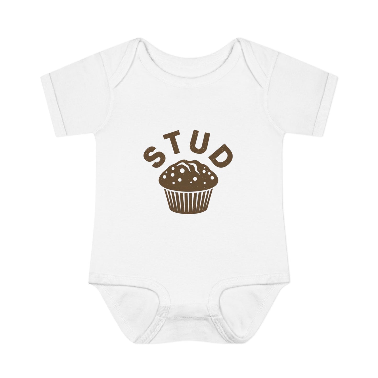 White baby onesie with 'STUD' and a muffin graphic on a white background