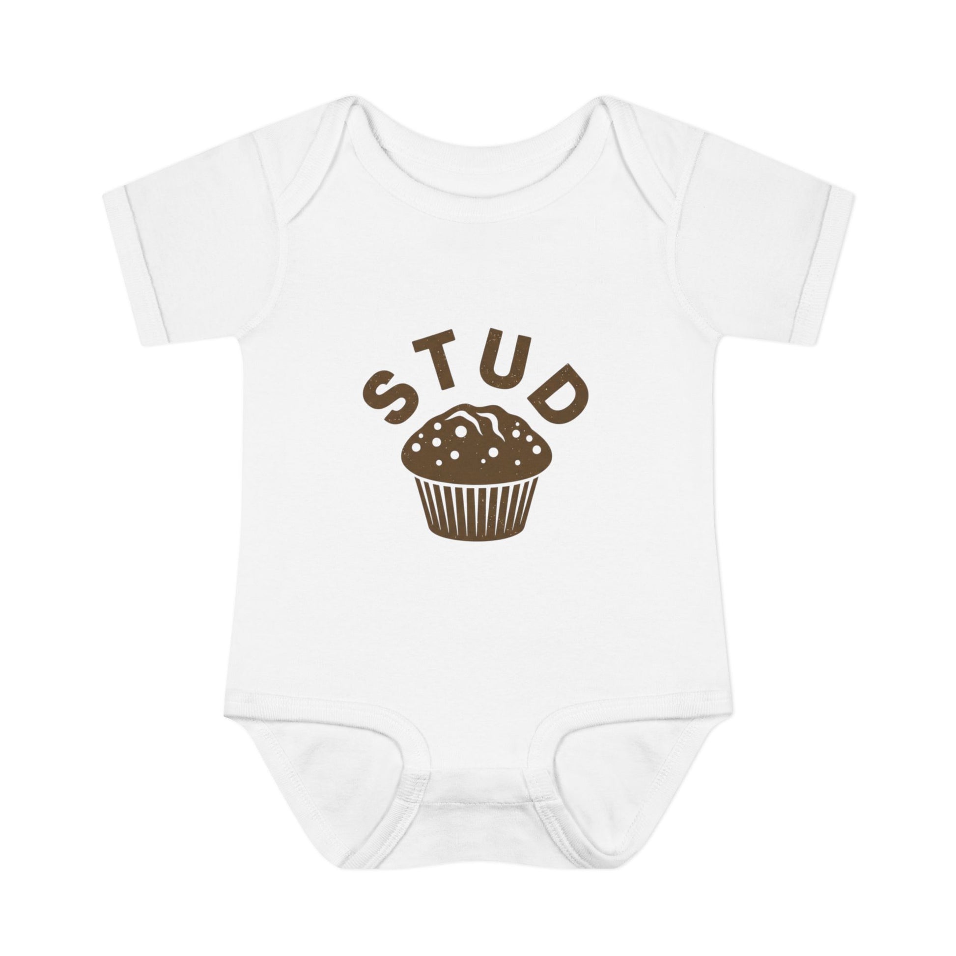 White baby onesie with 'STUD' and a muffin graphic on a white background