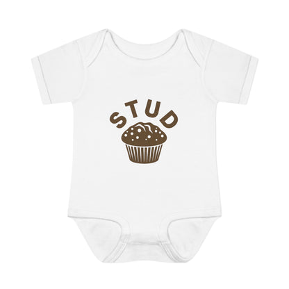 White baby onesie with 'STUD' and a muffin graphic on a white background