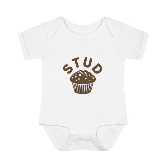 Yellow baby onesie with 'STUD' and a muffin graphic on a white background