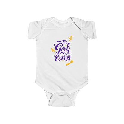 White baby onesie with 'Big Girl Energy' text on a white background