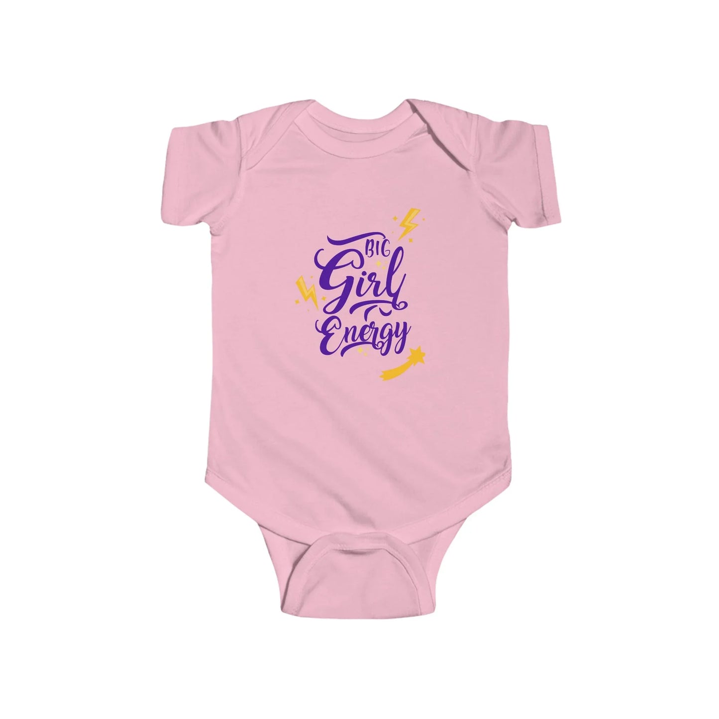 Pink baby onesie with 'Big Girl Energy' text on a white background