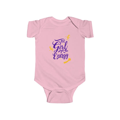 Pink baby onesie with 'Big Girl Energy' text on a white background