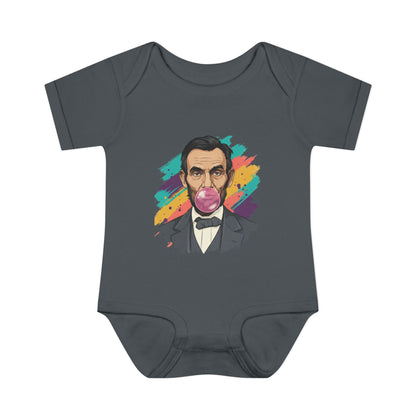Gray baby onesie with a colorful graphic of a historical figure on a white background