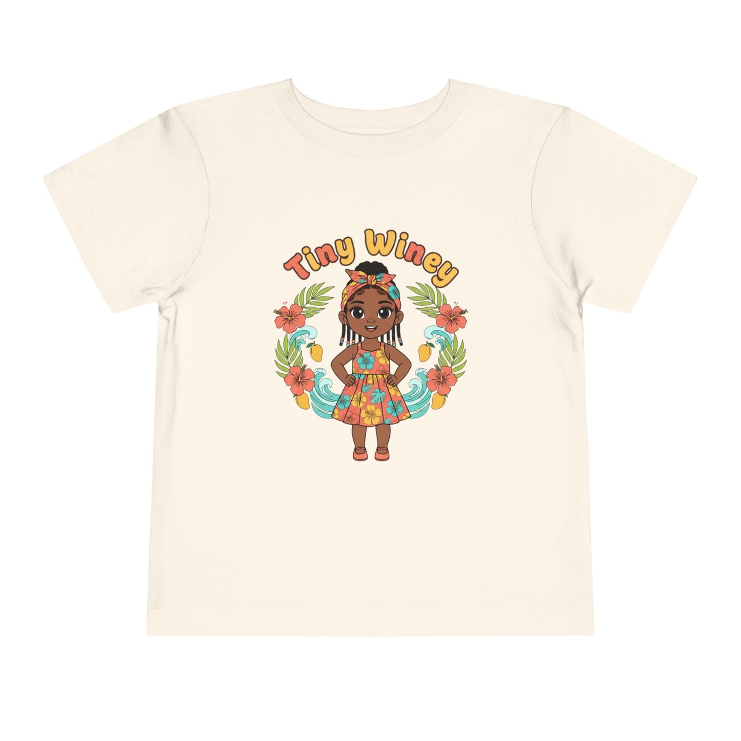Beige t-shirt with a colorful graphic of a girl and 'Tiny Winey' text on a white background