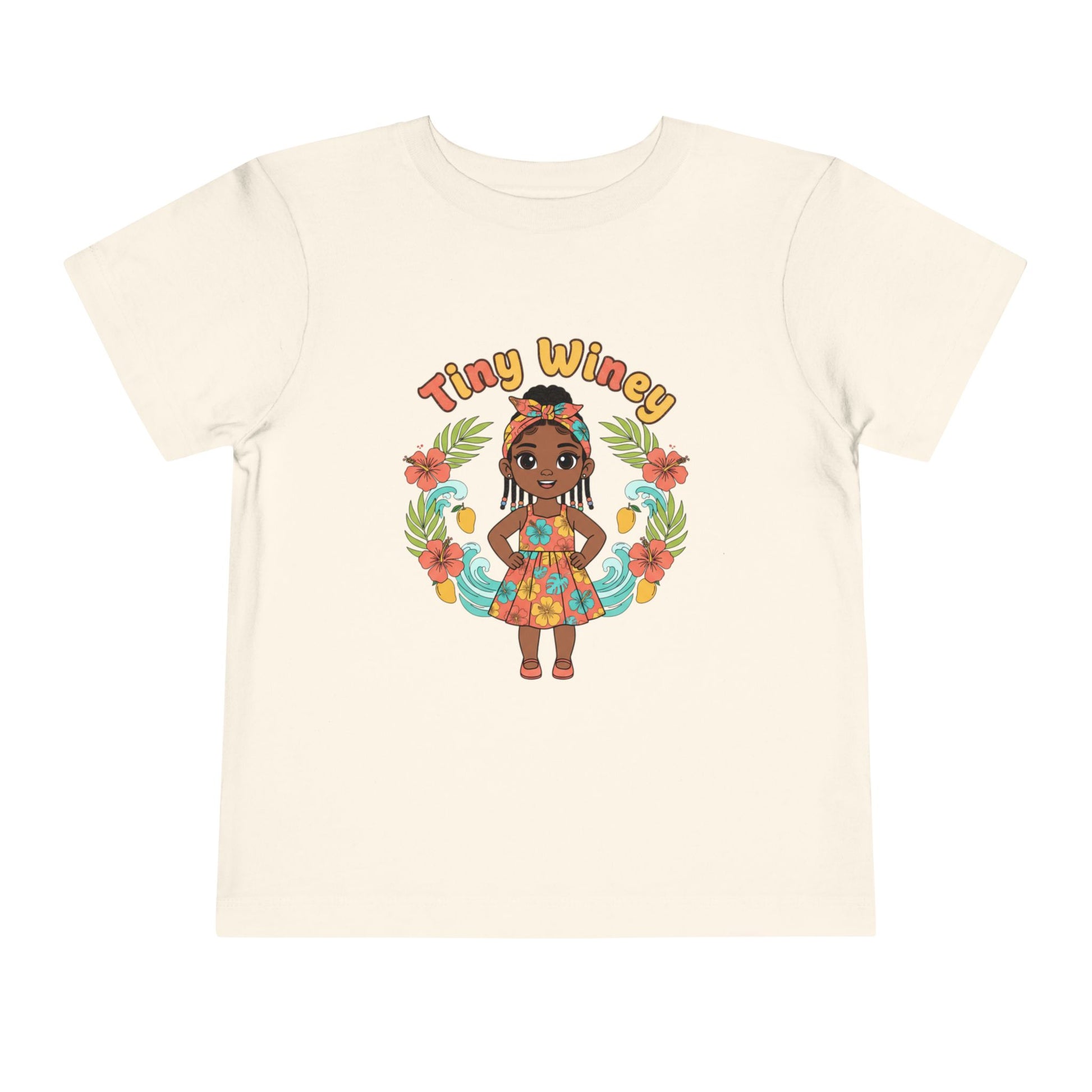 Beige t-shirt with a colorful graphic of a girl and 'Tiny Winey' text on a white background