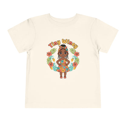 Beige t-shirt with a colorful graphic of a girl and 'Tiny Winey' text on a white background