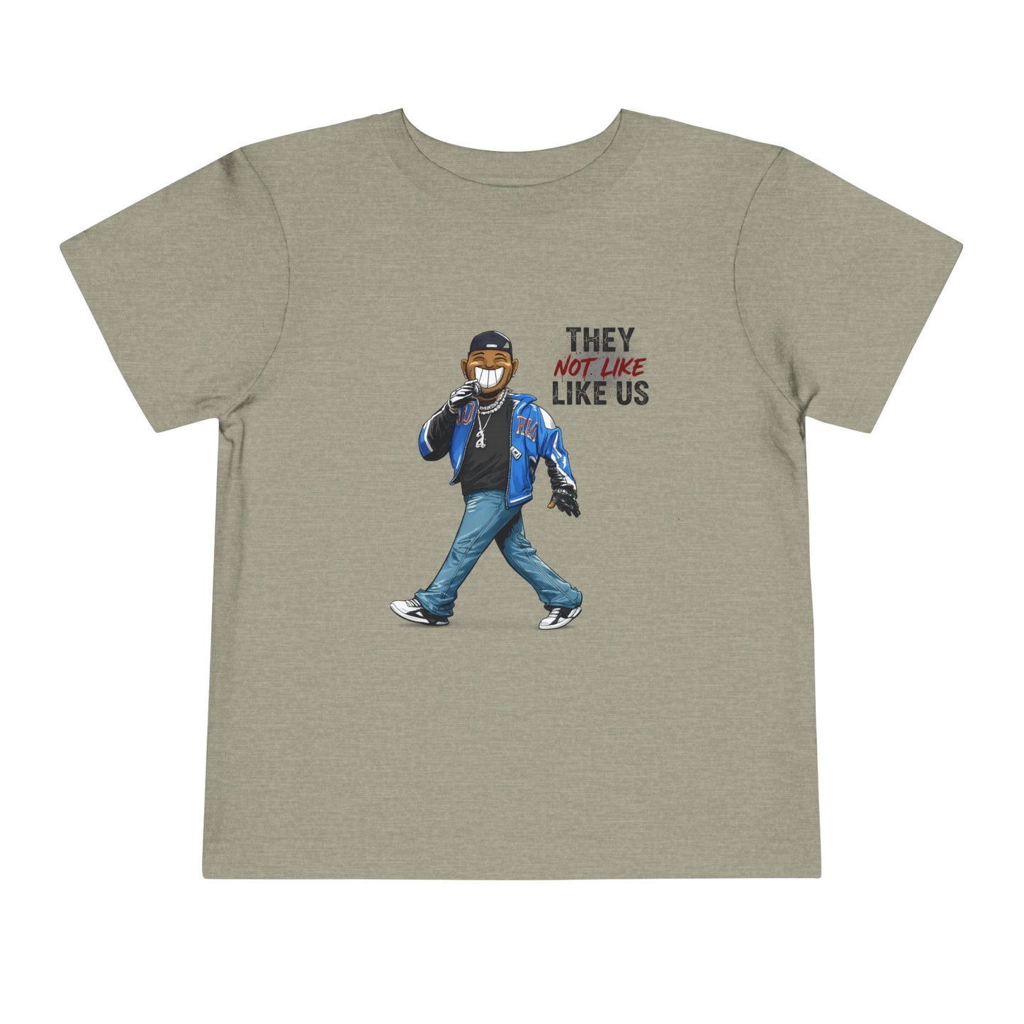 T-shirt with graphic of a person wearing a mask and text 'THEY NOT LIKE US' on a beige background