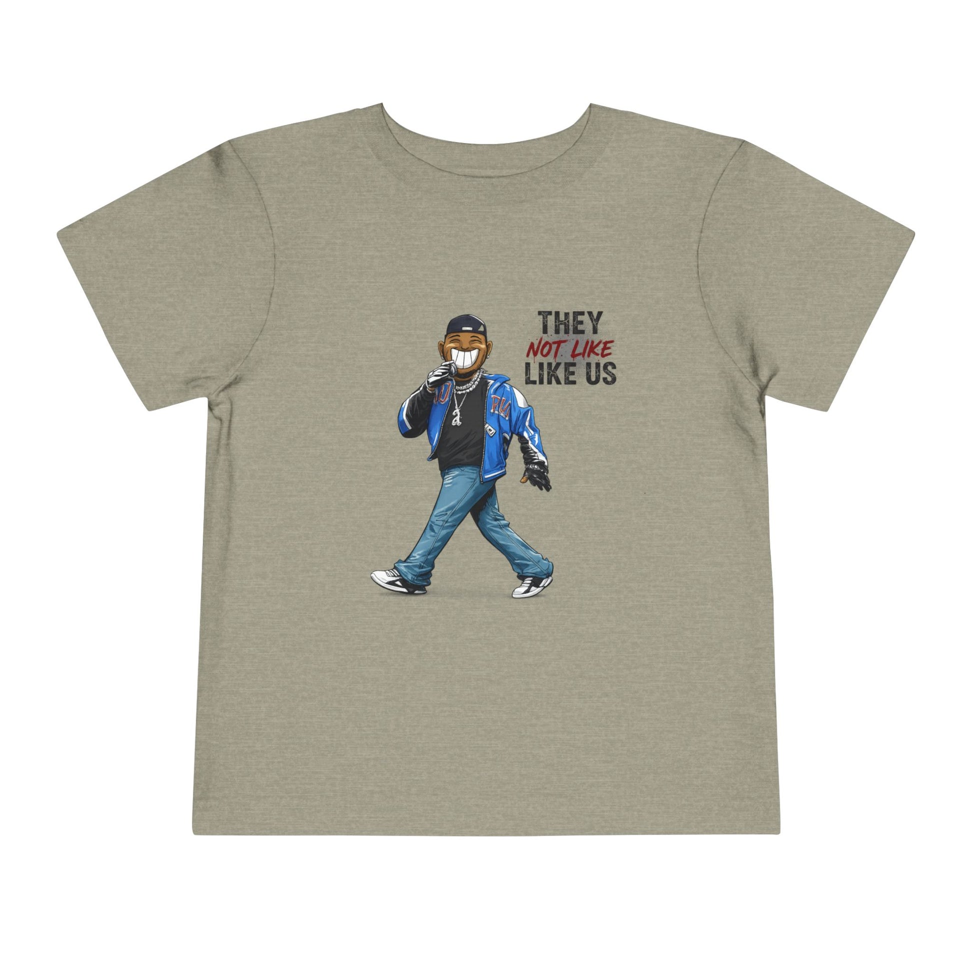 T-shirt with graphic of a person wearing a mask and text 'THEY NOT LIKE US' on a beige background