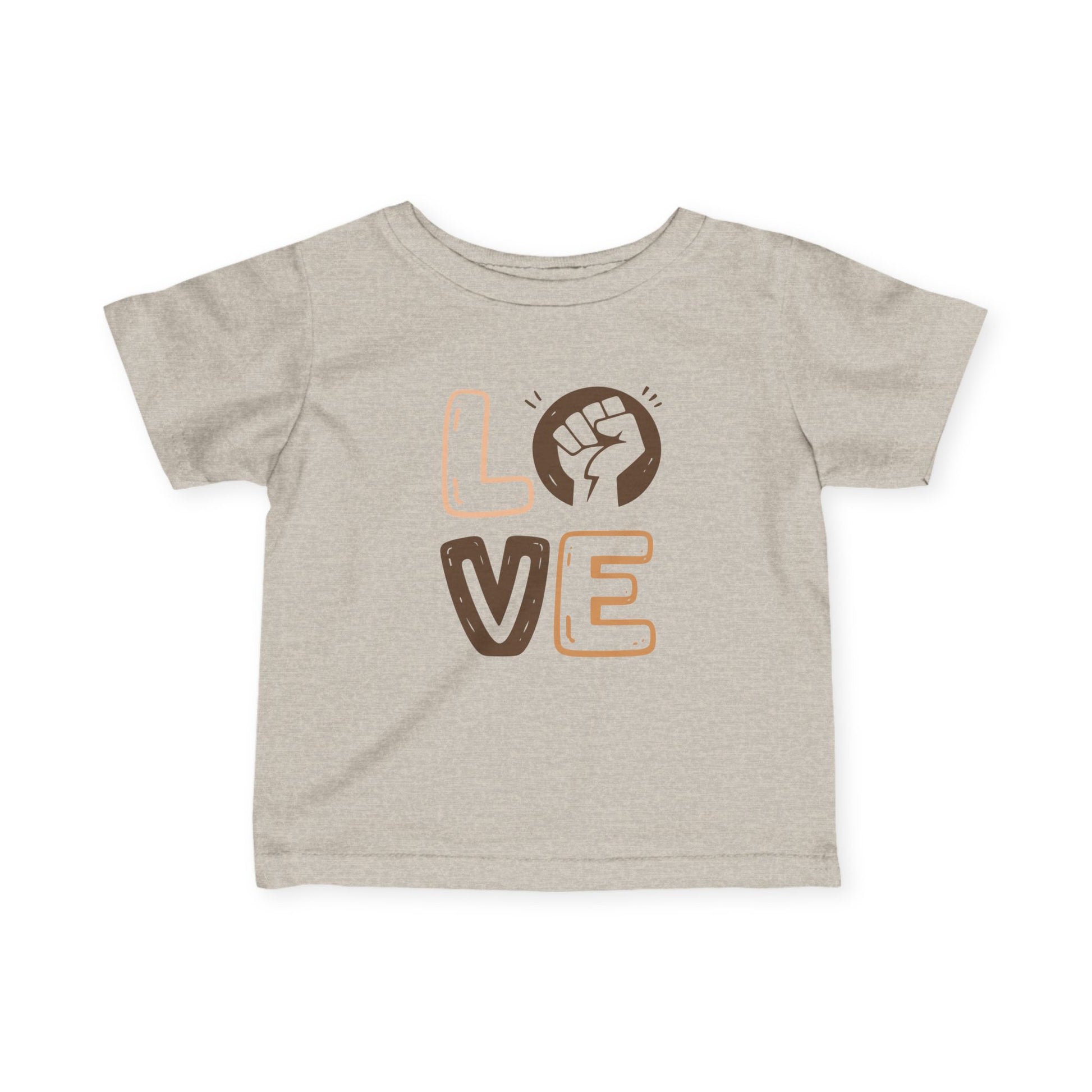 Beige t-shirt with 'LOVE' and a fist graphic on a white background