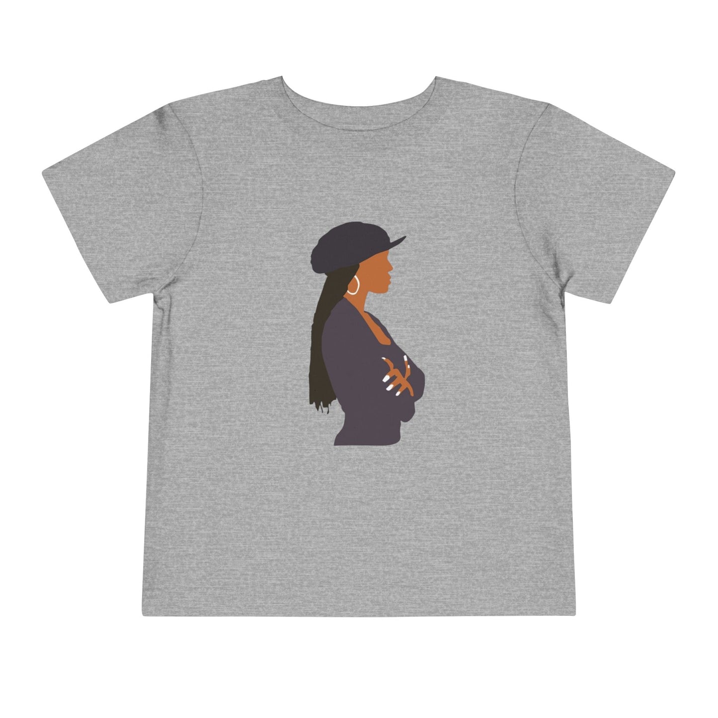 Gray t-shirt with a silhouette of a person wearing a hat on a white background