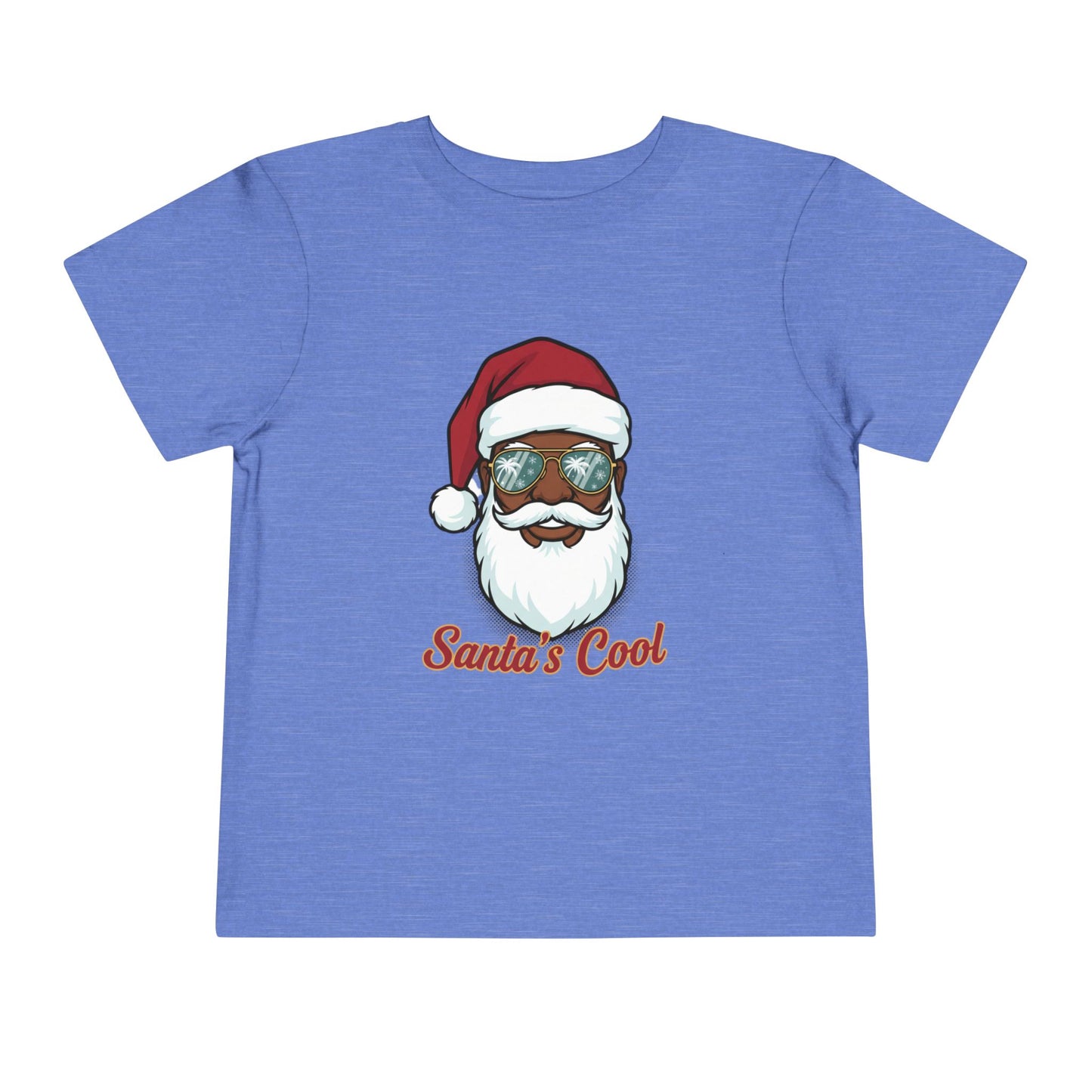 Blue t-shirt with a graphic of a Santa Claus face wearing sunglasses and the text 'Santa's Cool' on a white background.